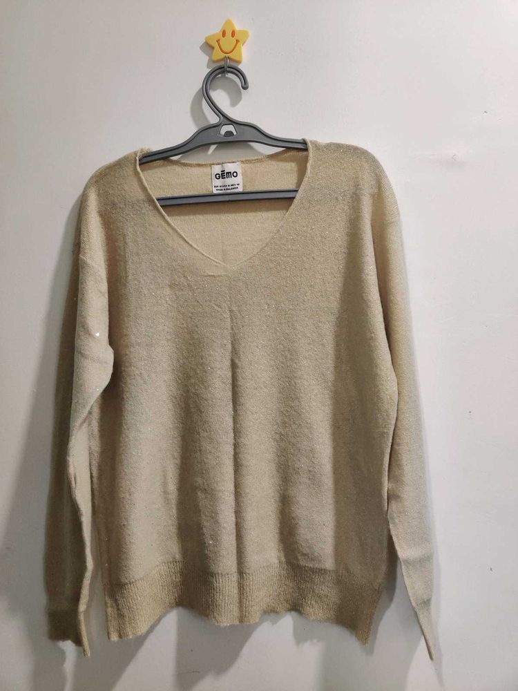 Beige V-Neck Long Sleeve Sweater