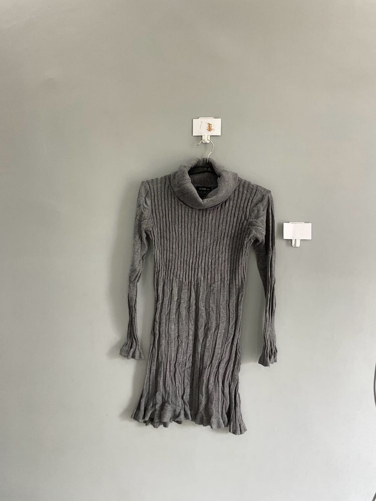Gray Ribbed Turtleneck Dress