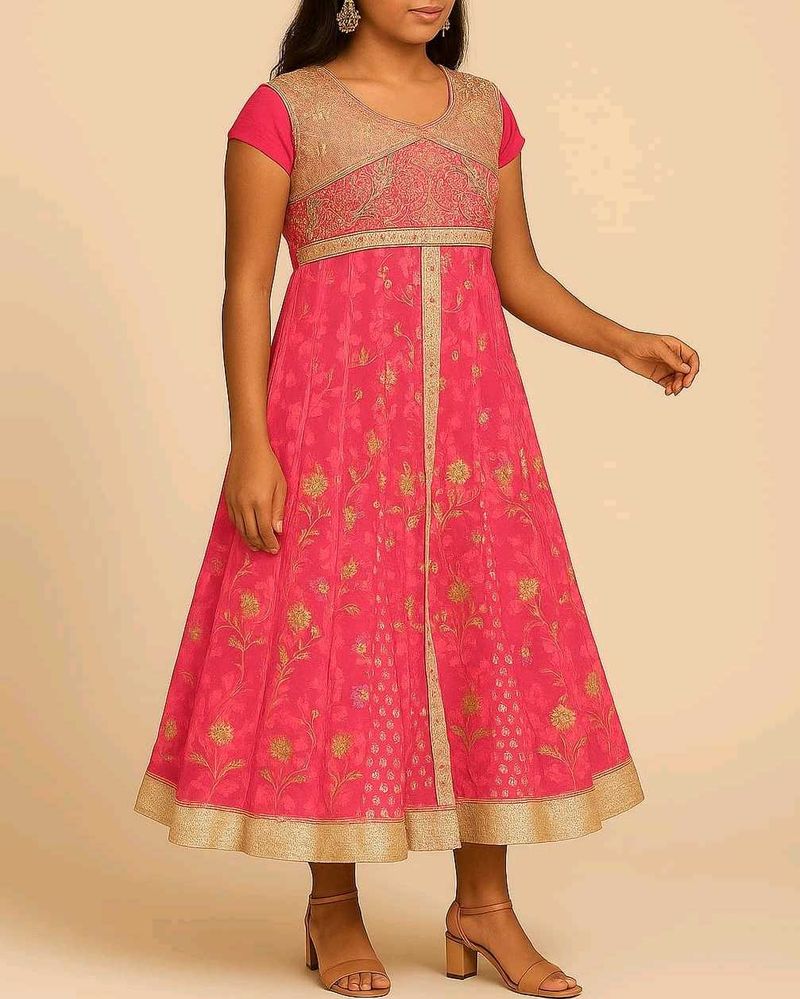 Rose &amp; Gold Floral Anarkali Dress