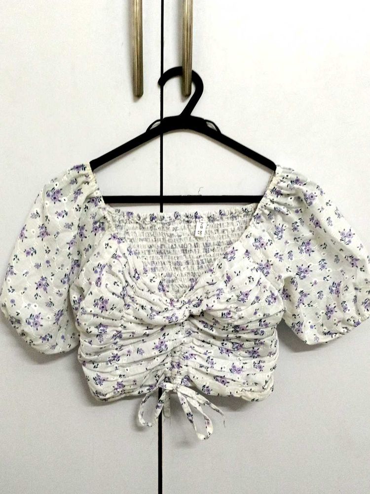 Purple Floral Crop Top With Bow Lace