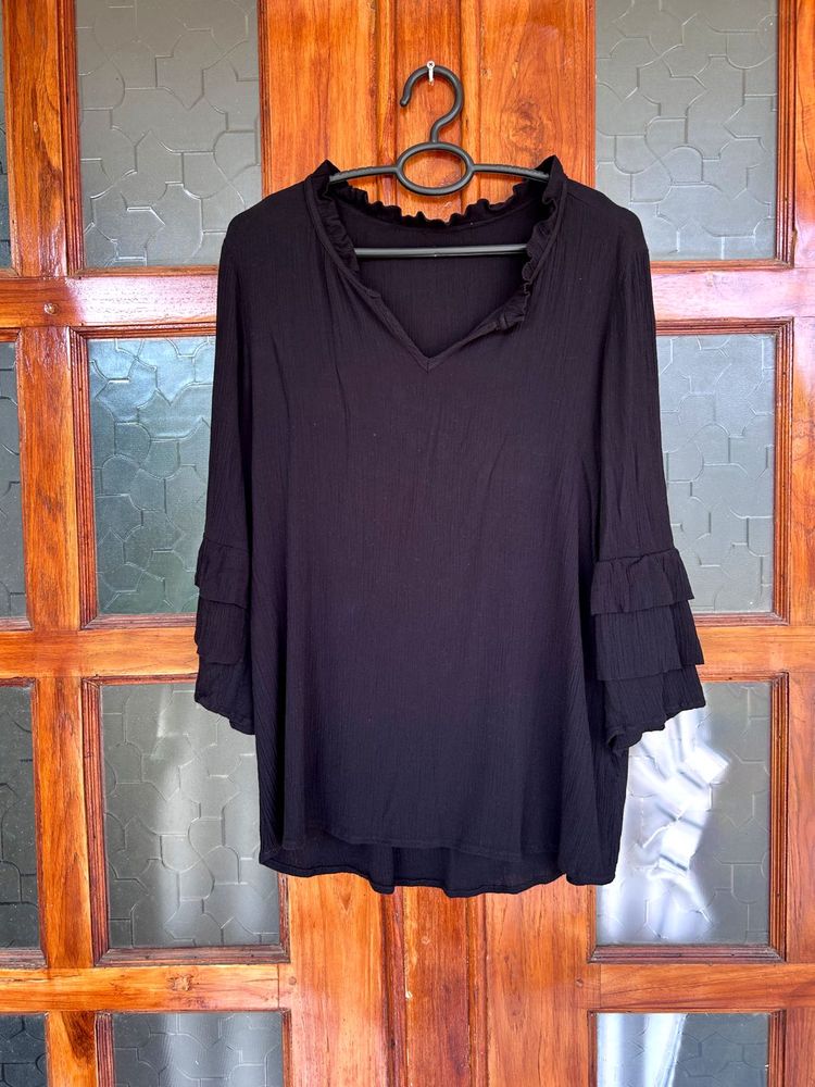 Cotton Crepe Elegant Black Ruffle Top