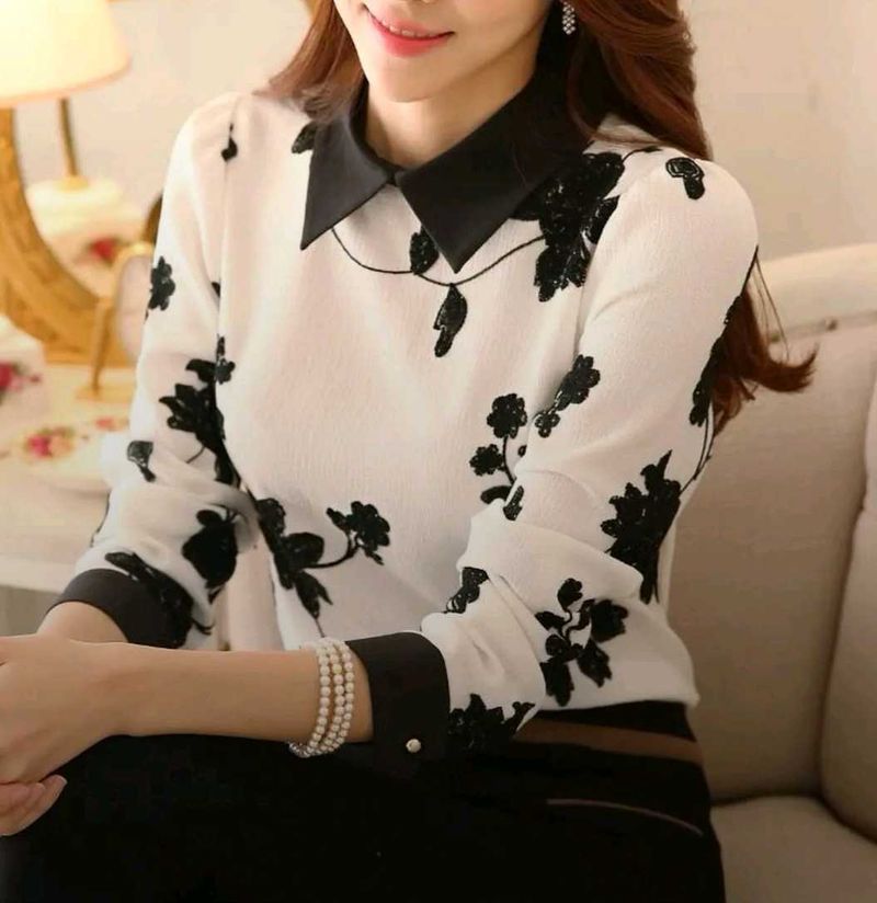 Embroidered Long Sleeve Cut-and-Sew Blouse