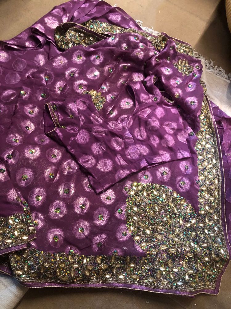 Heavy Embroidered Purple Saree With Blouse