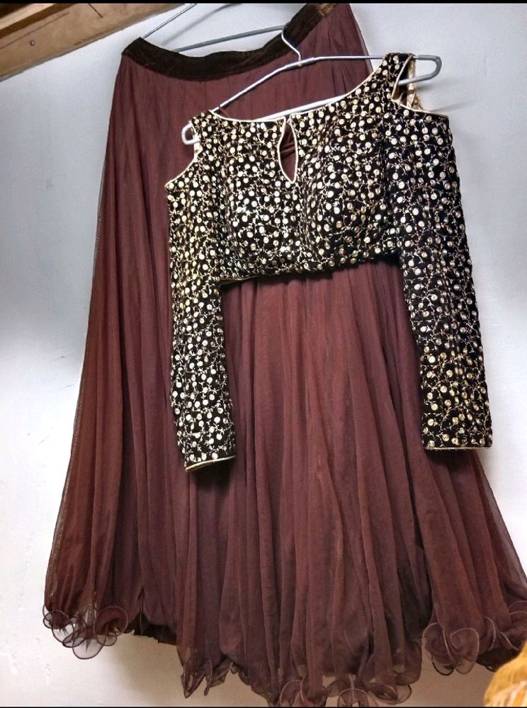 Maroon &amp; Gold Embroidered Cold Shoulder Gown