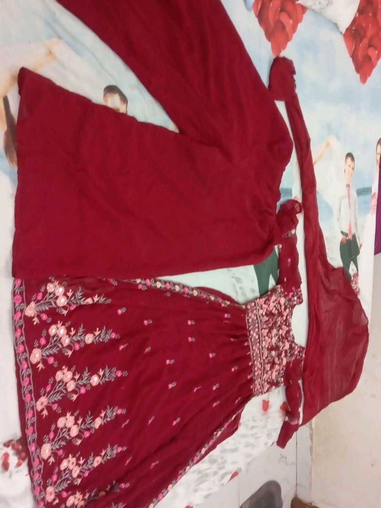 Maroon Embroidered Kurta Set