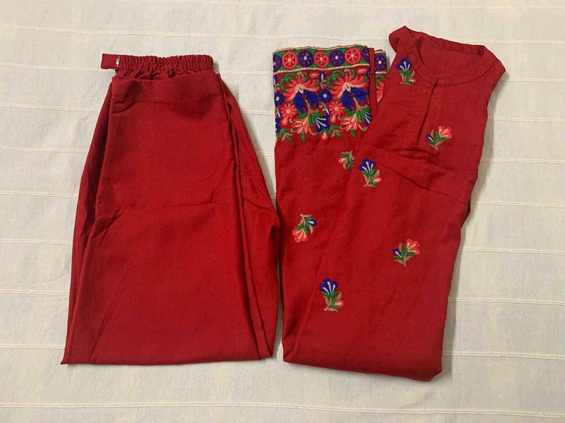 Kashmiri Red Embroidered Kurta Pant Set