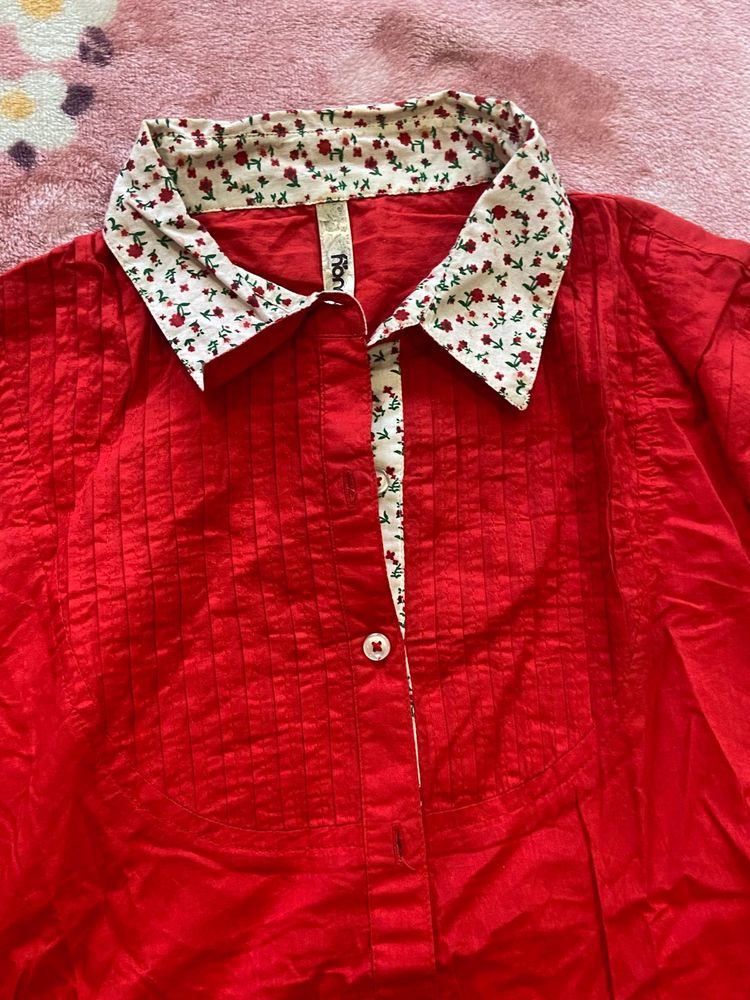 Red Floral Collar Top