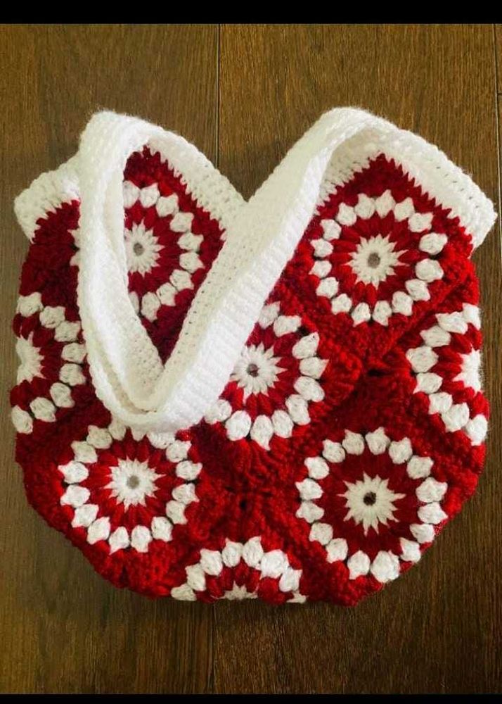 Red &amp; White Crochet Granny Square Bag