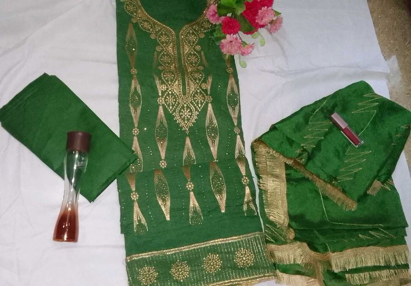 Green Embroidered Kurta Set unstitched