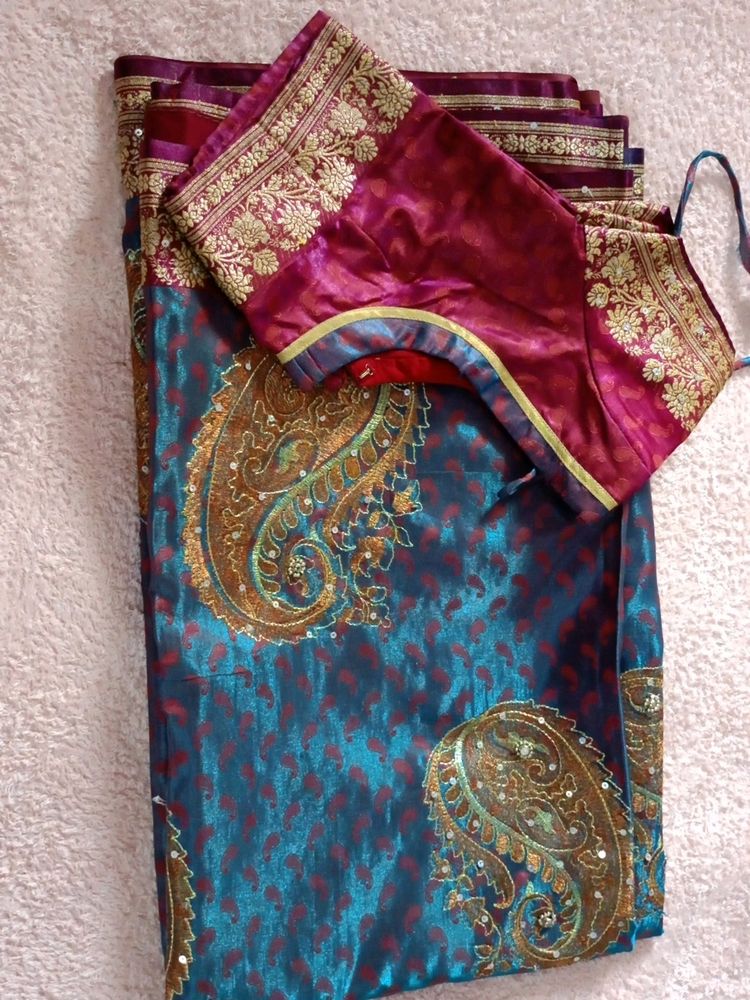 Saree With Blouse, Meroon And Peacock Blue 💙 Colour
