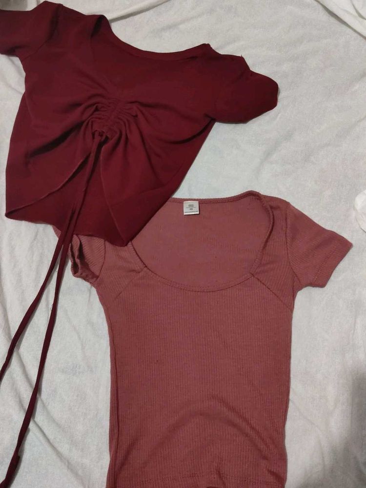 Combo- Burgundy &amp; Pink Ribbed Tee Set