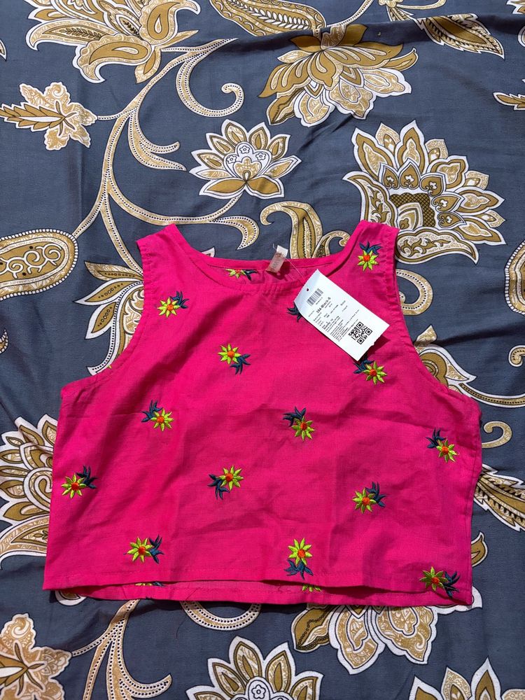 Floral Embroidered Pink Crop Top