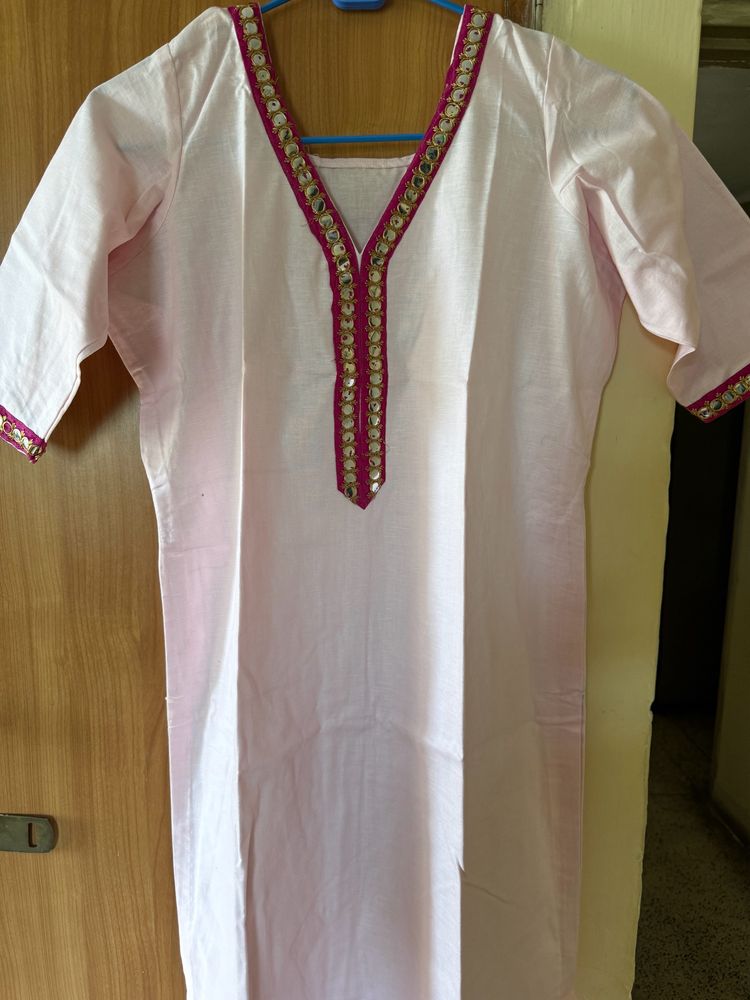 Beautiful Baby Pink Kurta Pant Set With Mirror Wor