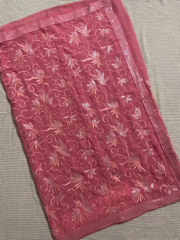Peach Heavy Embroidered Sequins Saree With Blouse