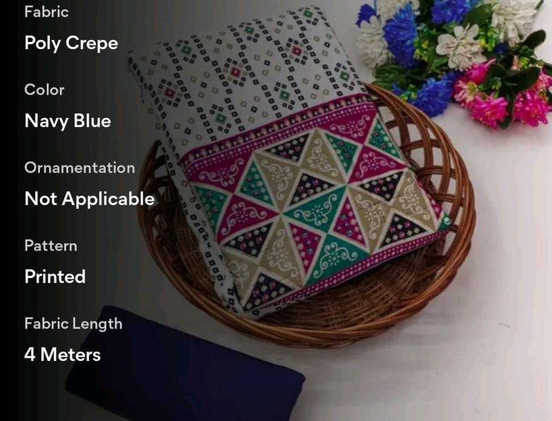 Printed Poly Crepe Fabric - Navy Blue, 4 Meters