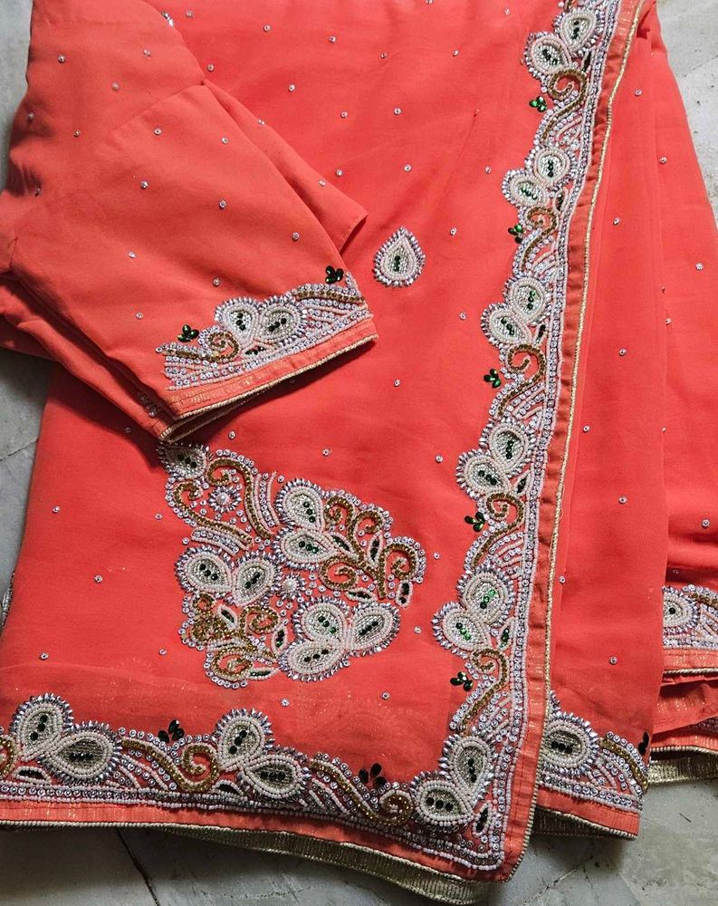 Beautiful Moti Work Saree Woth Blouse 💗