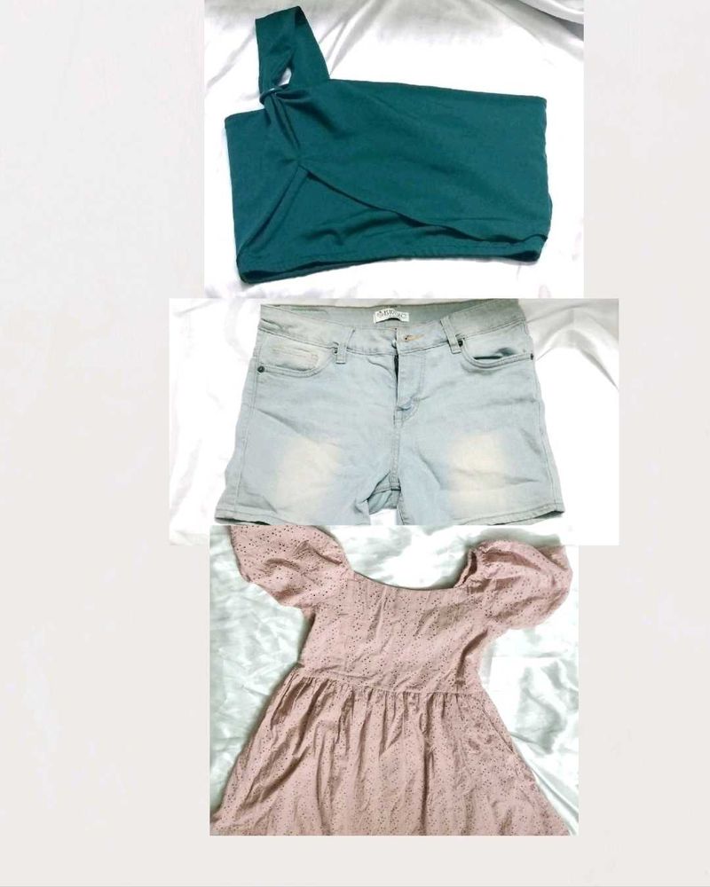 One-Shoulder Top, Denim Shorts &amp; Puff Sleeve Dress