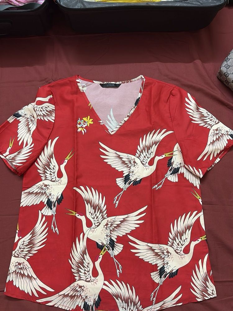 Red Crane Print Top
