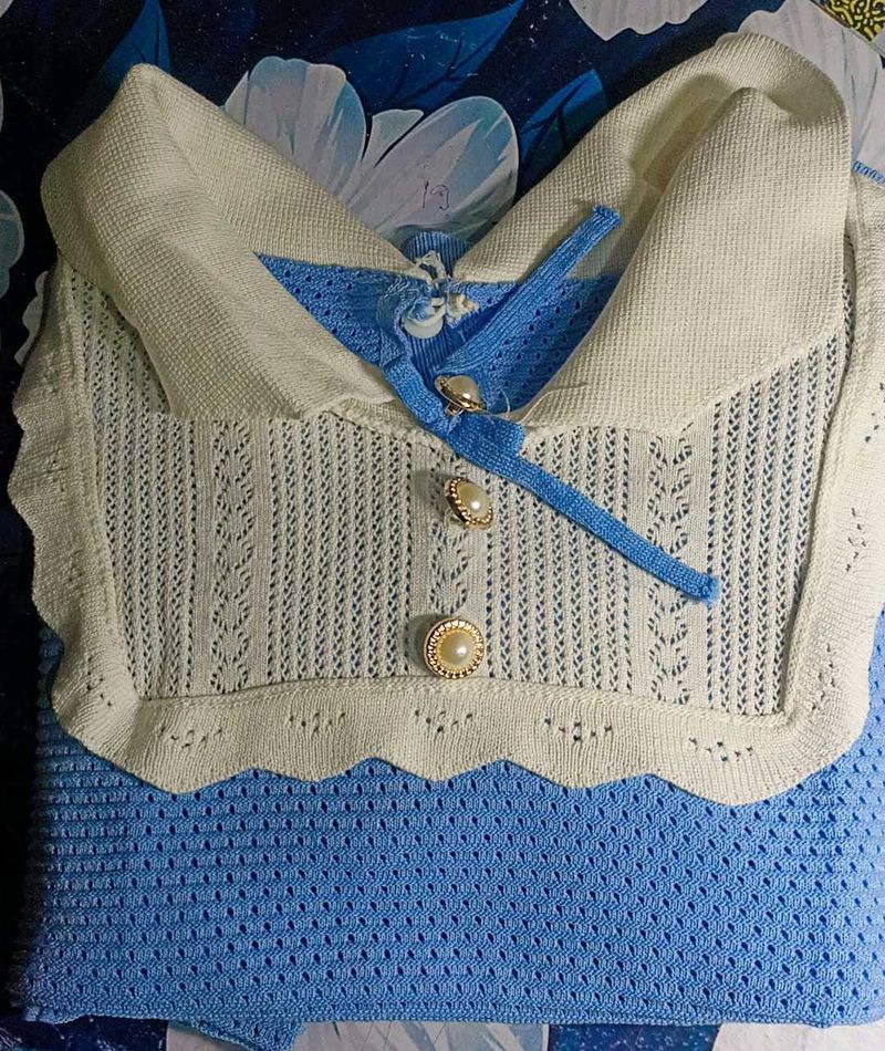 Korean Vintage Knit Top - Baby Blue