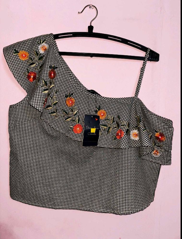 Floral Embroidered Checkered Top