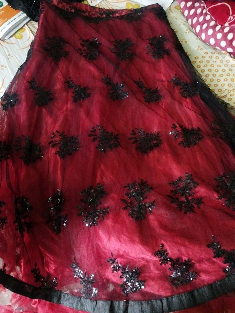 Red Black Net Lehenga