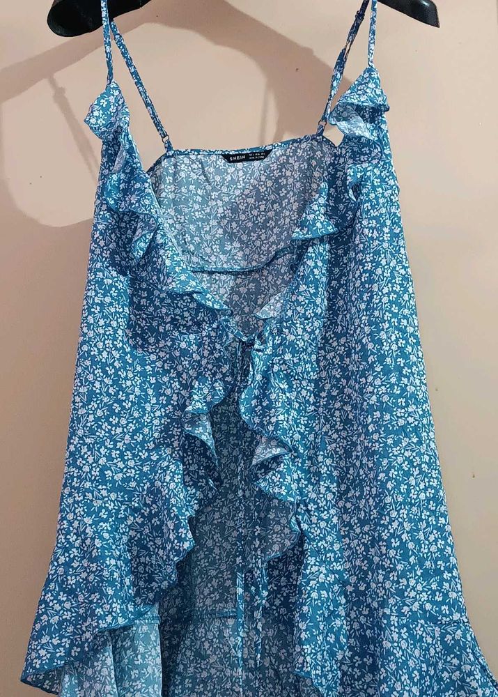 Blue Floral Ruffle Top