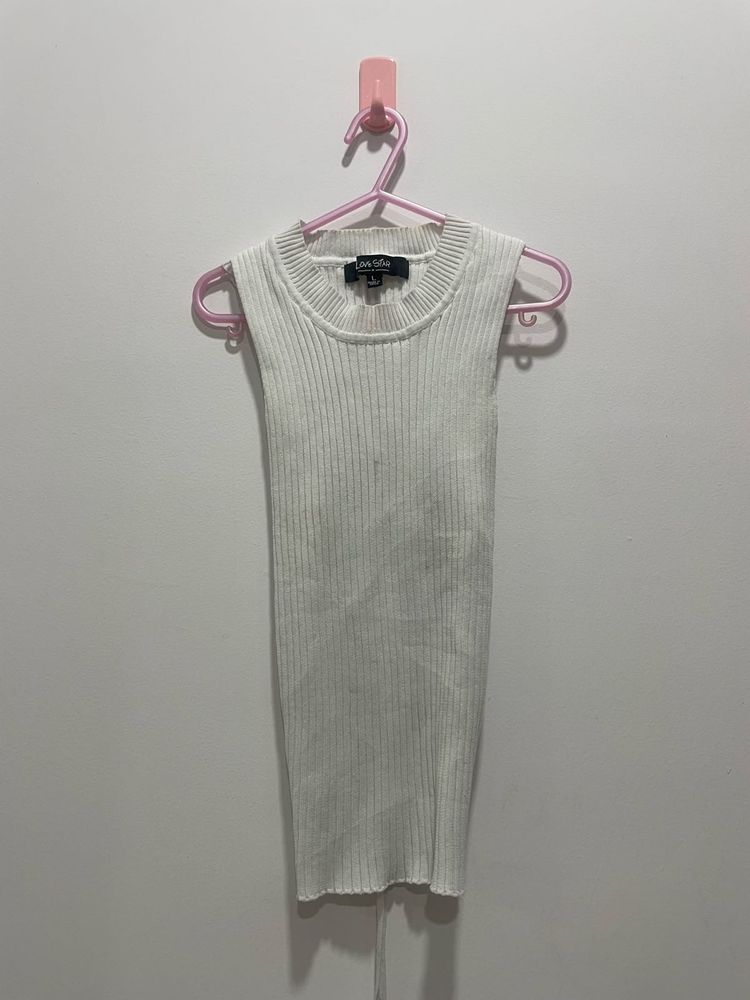 Back Tie Detail High Neck White Ribbed Top