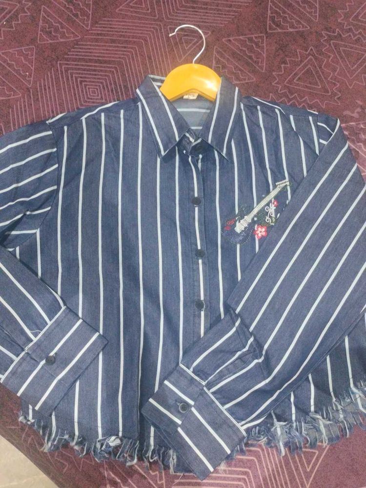 Navy Blue Cropped Stripes Shirt