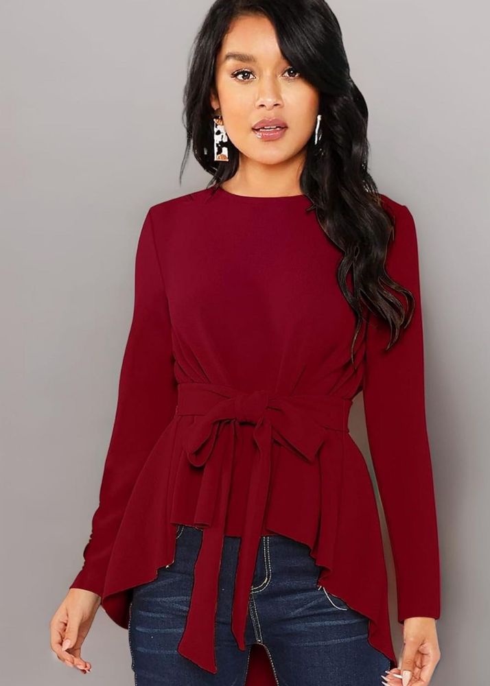 Maroon Long Sleeve Peplum Top with Waist Tie