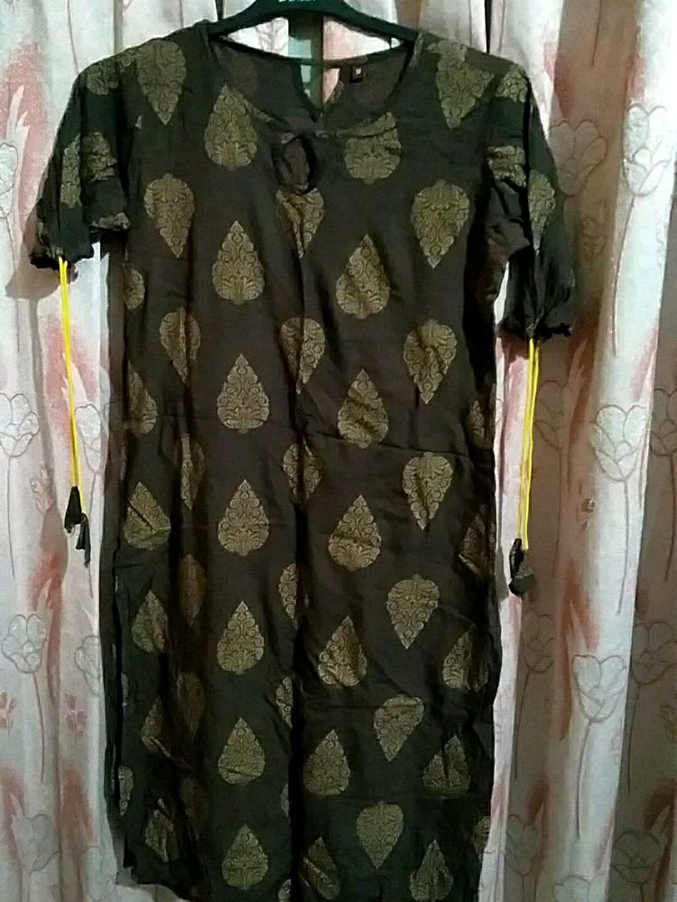 Elegant Brown &amp; Gold Printed Kurti