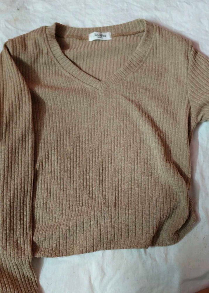 Khaki V Neck Full Sleeve Top