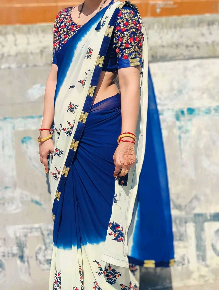Cream And Blue Combination Saree