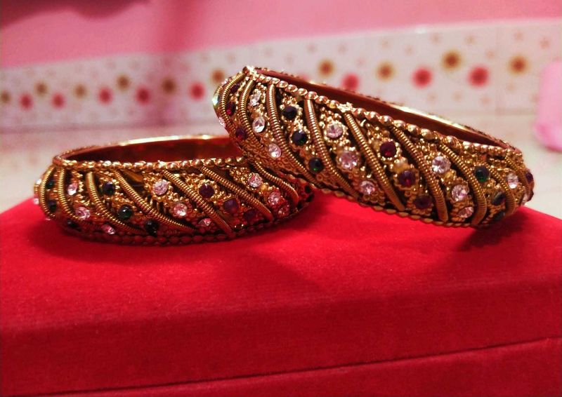 Elegant Beaded Gold Bangles - Set of 2