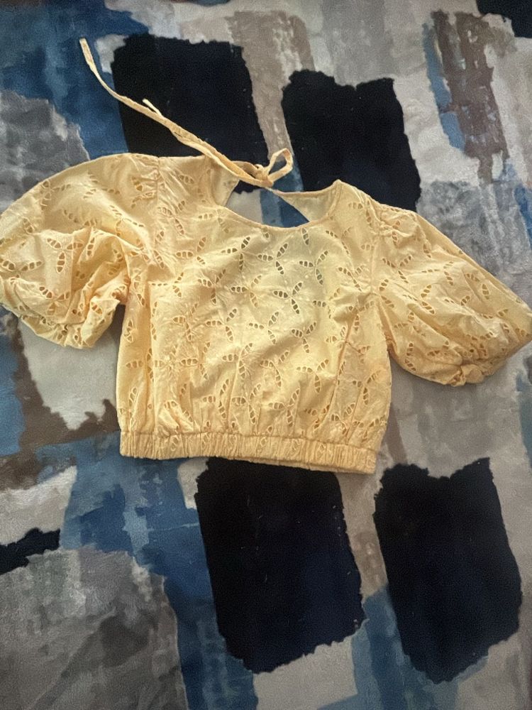 Yellow Eyelet Crop Top - Puff Sleeves