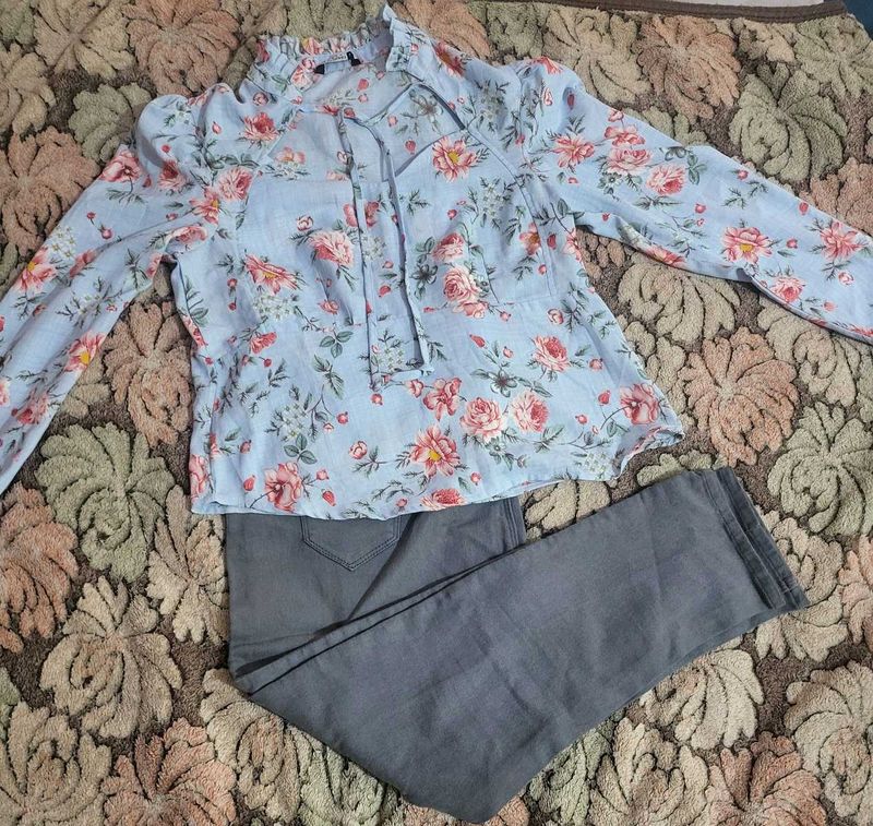 Floral Print Top &amp; jeans combo