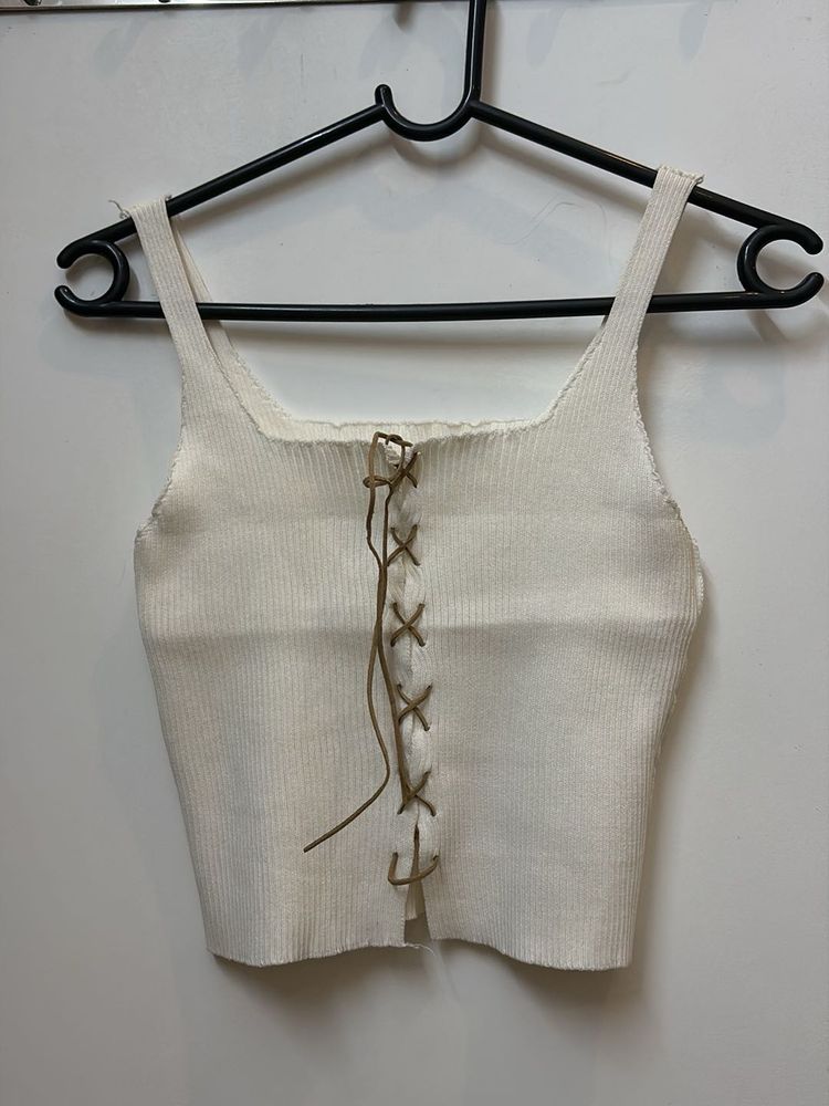 White Lace-Up Crop Top