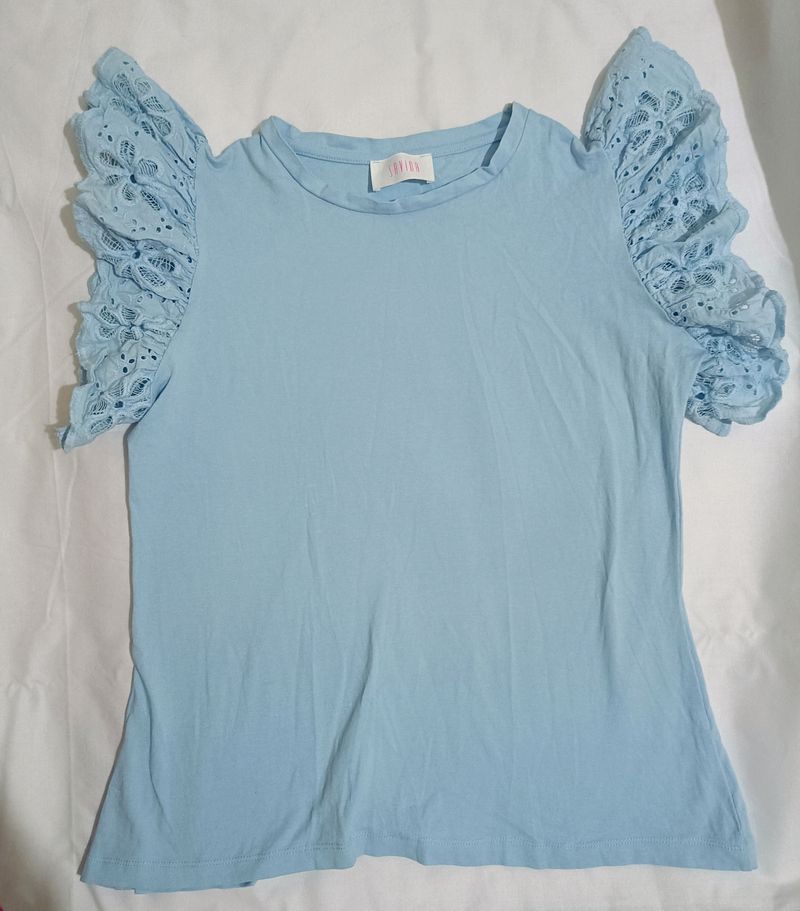 Embroidered Ruffle Trim Solid Top