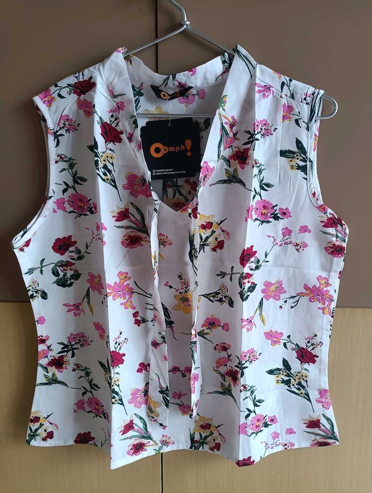 White Floral Print Sleeveless Top