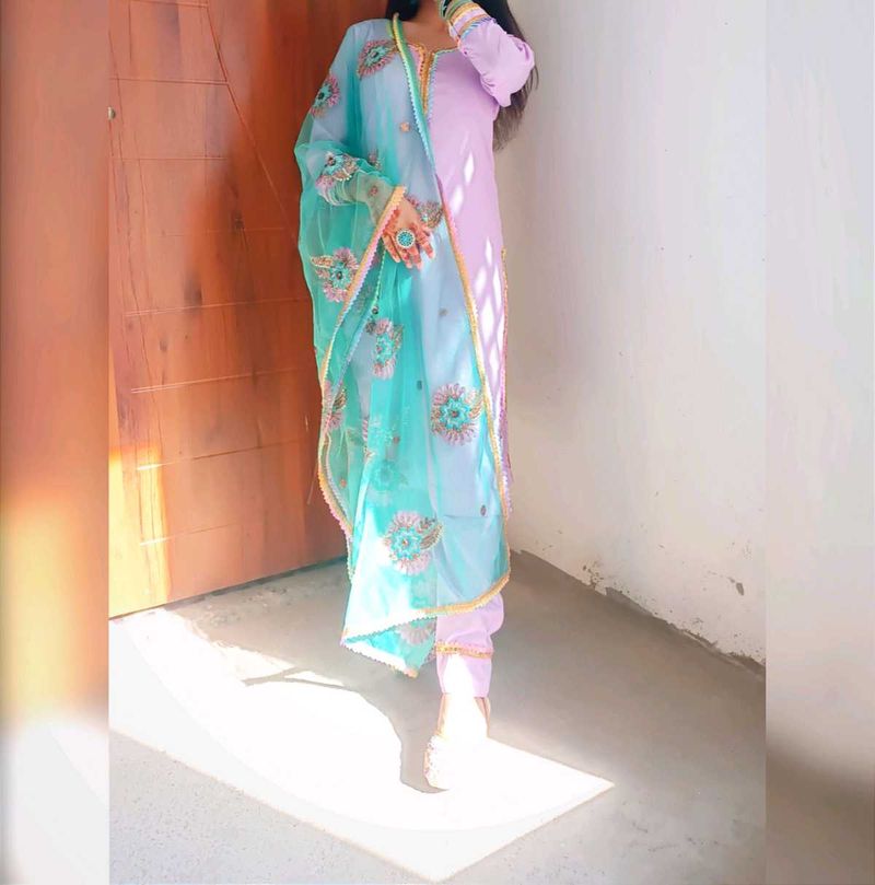 Lavender Suit With Pyjama And Embroidered Dupatta.
