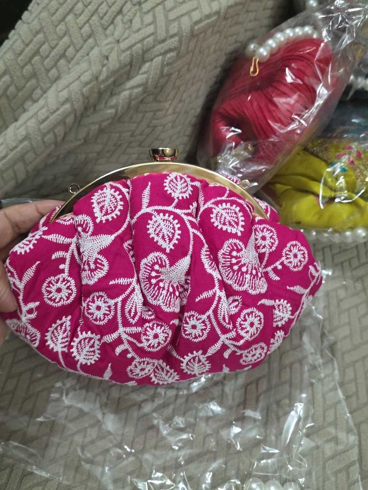 Pink Embroidery Potli Clutch With Pearl Handle