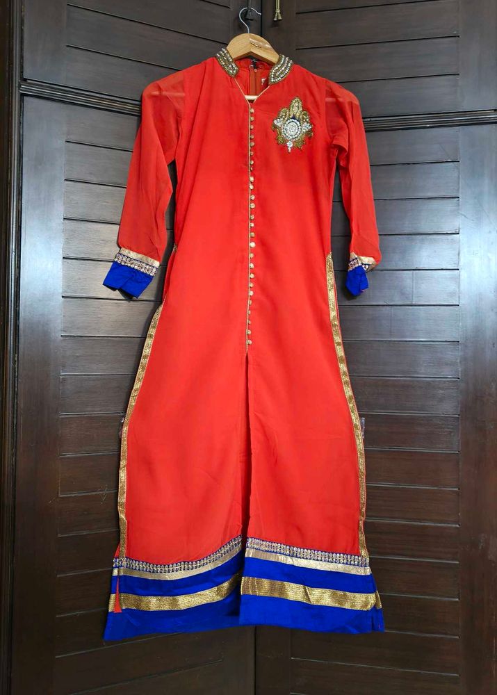 Women Red Georgette Zari Stone Festive Kurta