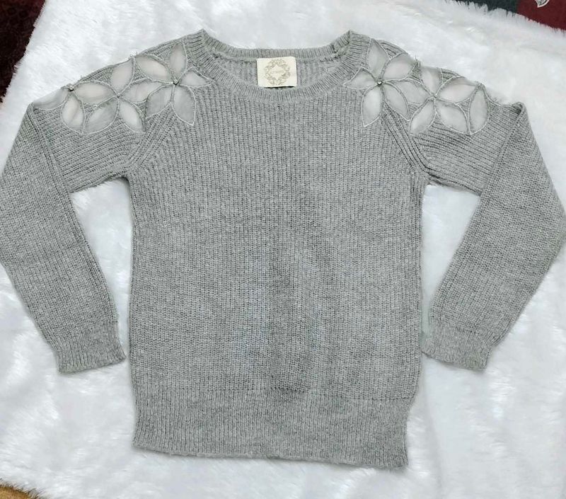 Gray Floral Shoulder Sweater