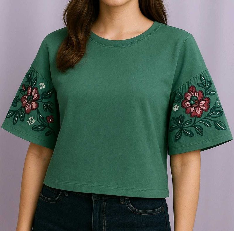Green Floral Embroidered Top