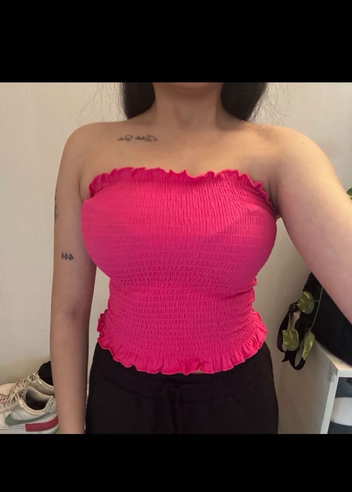 Trendy Pink Ruffled bandeau Tube Top