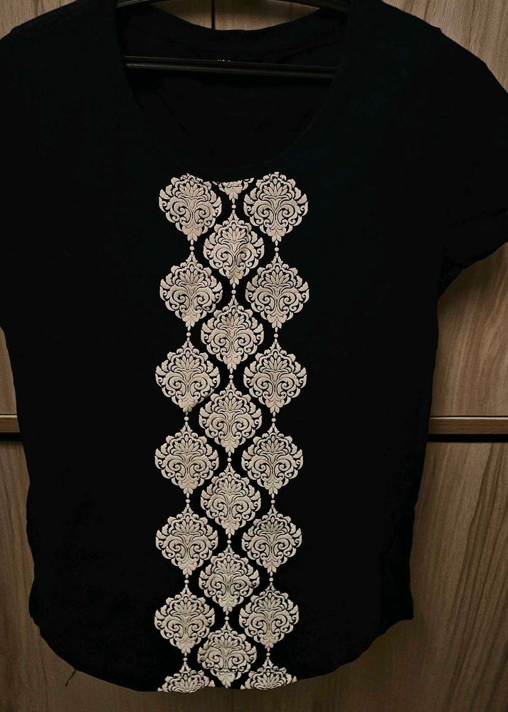 Dark Navy Blue With White Embossed Pattern T-Shirt
