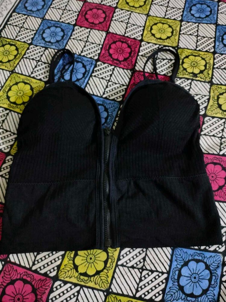 Black Zip-Up Ribbed Crop Top