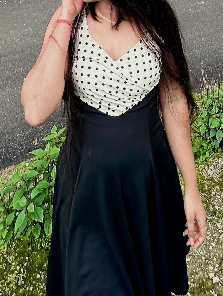 KOREAN BLACK &amp; WHITE POLKA DOT DRESS