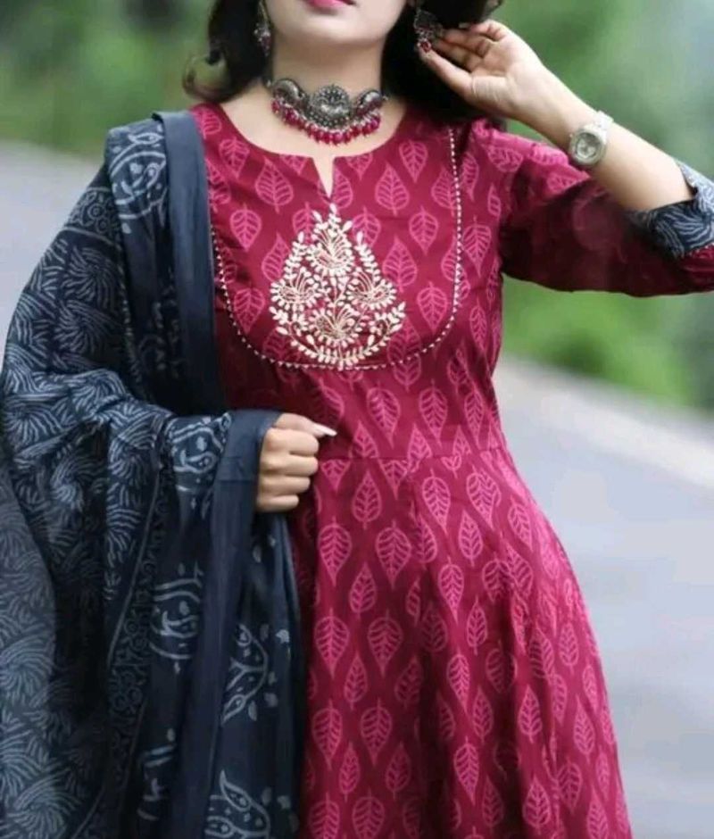Tomato Red Kurti Set With Bottom And Duppata
