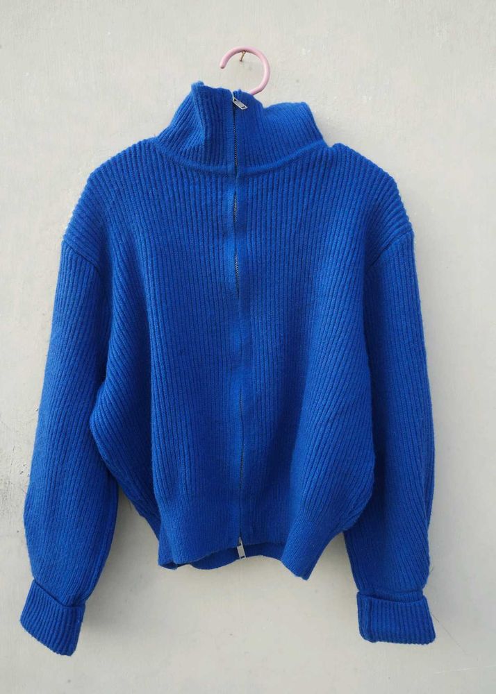 Blue Ribbed Zip-Up Sweater