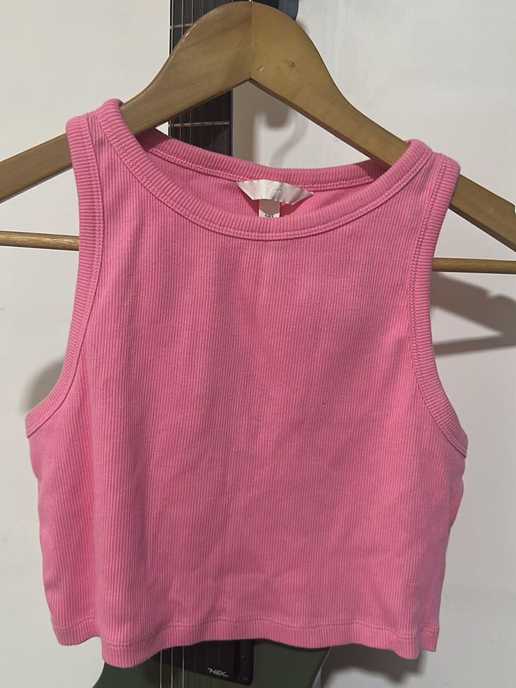 Pink Ribbed Crop Tank Top